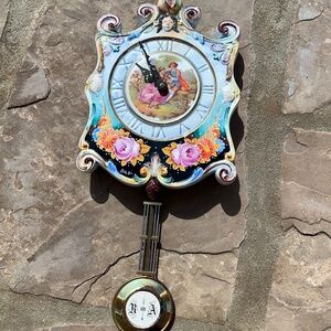 Capodimonte Porcelain Flowers Wall Clock Rare With Pendulum